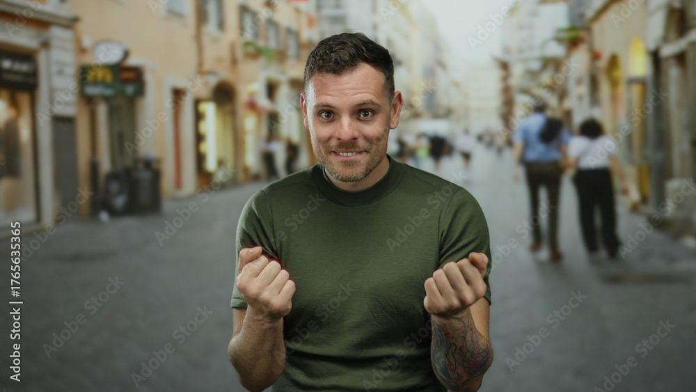 Obraz premium Young man with tattooed arm smiling on busy city street wearing casual green shirt urban background