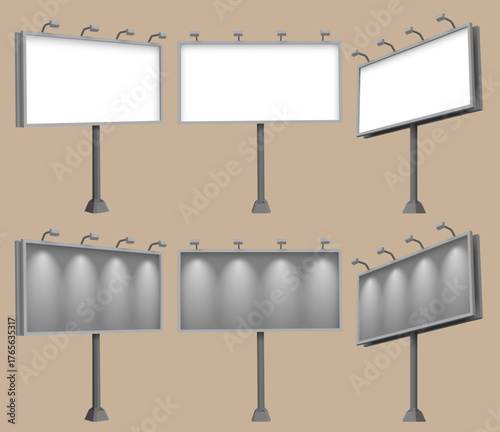 Realistic vector set of blank outdoor billboards in various angles and lighting states. Perfect for advertising mockups, presentations, or design projects.
