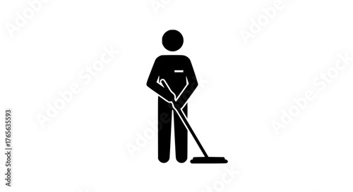Worker with mop black white icon 