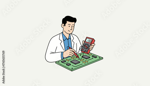 Man wearing a lab coat and performing diagnostics, testing, and troubleshooting on a green circuit board using a red digital multimeter, symbolizing electronics and technology development