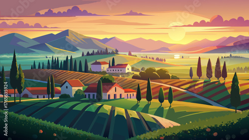 Very beautiful sunrise view of vineyards in California, USA, with rows of lush green grapevines stretching across rolling hills, bathed in warm golden light, and morning mist gently rising over the 