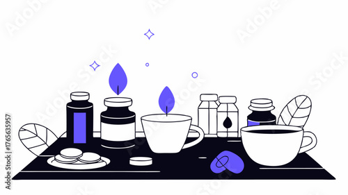 A serene setting featuring holistic wellness practices with elements like aromatherapy oils herbal teas and natural supplements arranged on a wooden table.