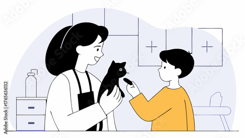 A playful interaction between a veterinarian and a young child where the child holds a kitten while the vet demonstrates proper handling techniques.