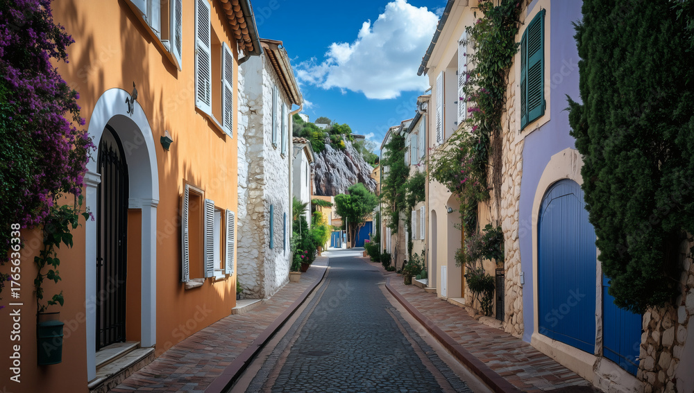Fototapeta premium Narrow avenue lined by vivid painted houses, arched entries, classic rail balconies, mountain peak visible against clear sky.