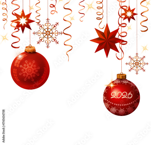 Merry Christmas and New Year 2026 red decorations isolated on transparent background.