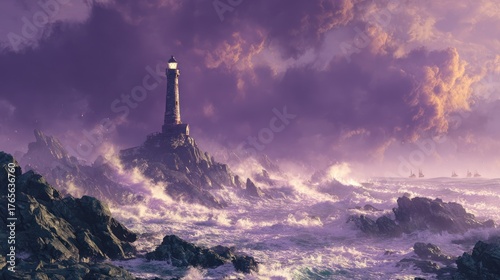 Dramatic lighthouse against stormy sea with overcast sky scenic landscape