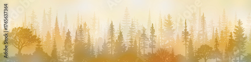 Forest and taiga in morning fog, dawn light, misty forest, seamless border, panoramic view, vector illustration