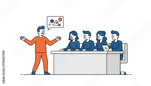 Speaker presenting ideas and concepts to a group of professionals during a corporate meeting or seminar, engaging multiple employees at a shared table, on a transparent background