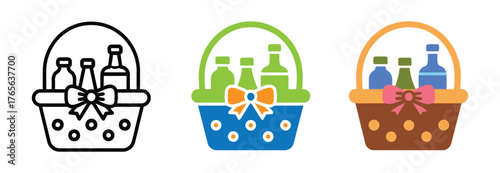 Christmas gift basket icon set in black and colored version