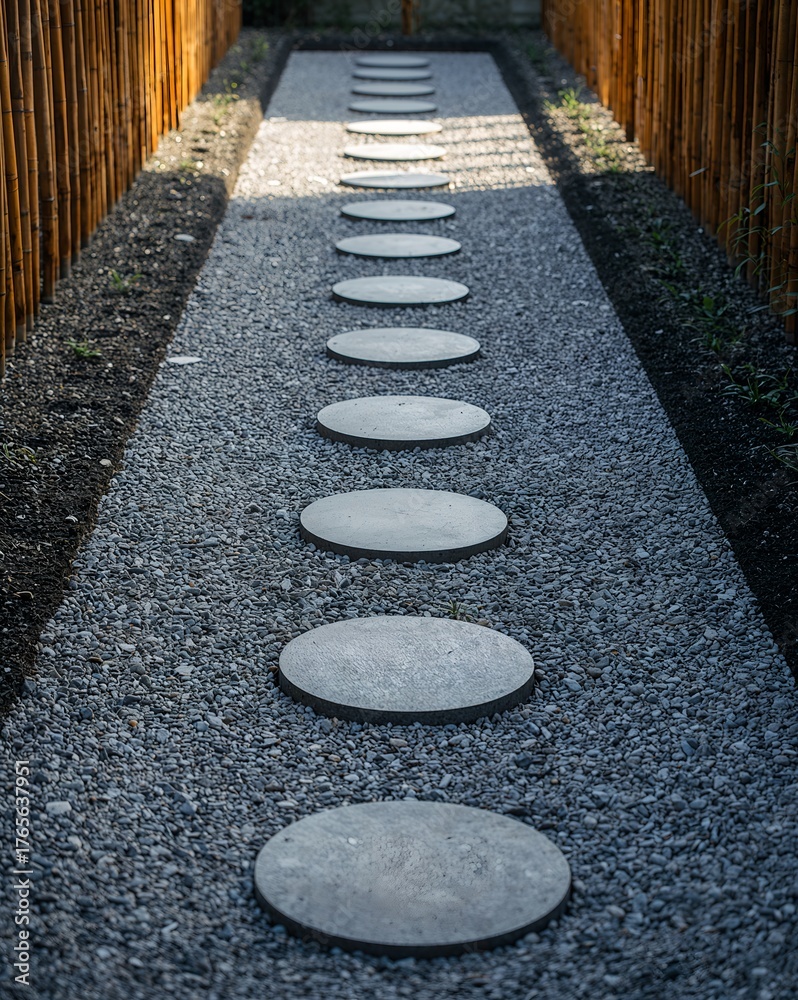 Obraz premium a zen garden path with stepping stones leading through gravel and wooden fencing, creating a serene and minimalist design