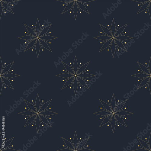 Seamless pattern with golden snowflakes on blue background. Festive Christmas and New Year's print, vector graphics.