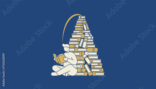 Man sitting cross legged, engrossed in reading a book, while an endless stream of books piles up, illustrating concepts of education, learning, and personal growth
