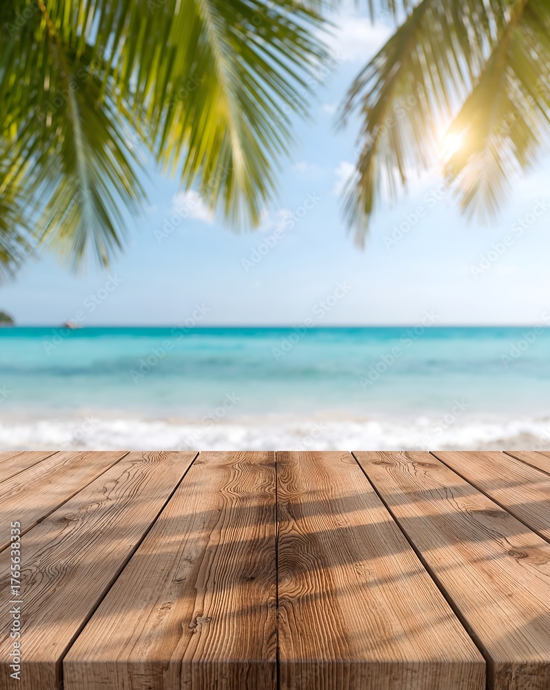 Fototapeta premium a tropical beach scene with a wooden table in the foreground, perfect for adding text. The turquoise ocean stretches out to the horizon, and palm trees cast shadows