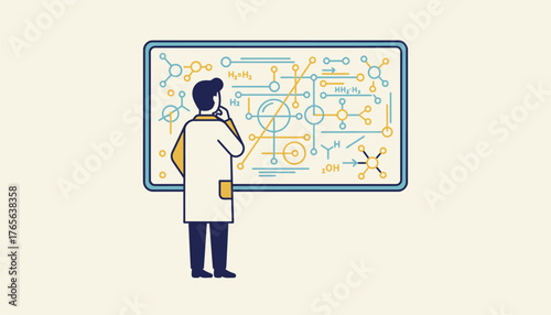 Scientist in lab coat thinking and researching complex molecular structures and chemical reactions on a whiteboard, representing scientific discovery, innovation, and problem solving