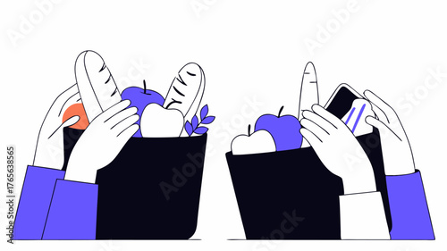 A series of hands exchanging food items representing food rescue programs that gather surplus food from various sources to distribute to those in need.