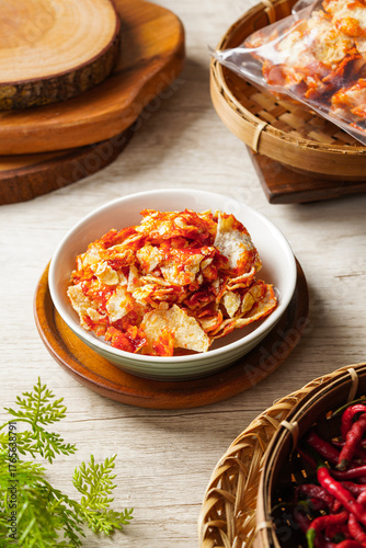 Emping Balado, Spicy Snacks from West Sumatra. Made from melinjo crackers, it's crunchy and sweet and spicy.