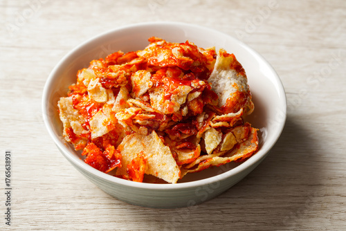 Emping Balado, Spicy Snacks from West Sumatra. Made from melinjo crackers, it's crunchy and sweet and spicy.