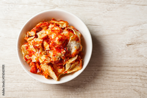 Emping Balado, Spicy Snacks from West Sumatra. Made from melinjo crackers, it's crunchy and sweet and spicy.