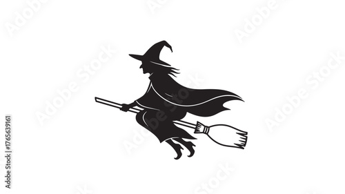 Silhouette of a witch flying on a broomstick vector illustration for Halloween isolated on