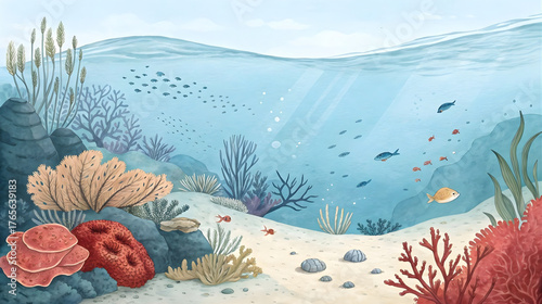 Fototapeta Naklejka Na Ścianę i Meble -  Peaceful underwater coral reef illustration with fish and sea plants, marine life concept, children’s educational poster, aquarium wall art, ocean habitat scene