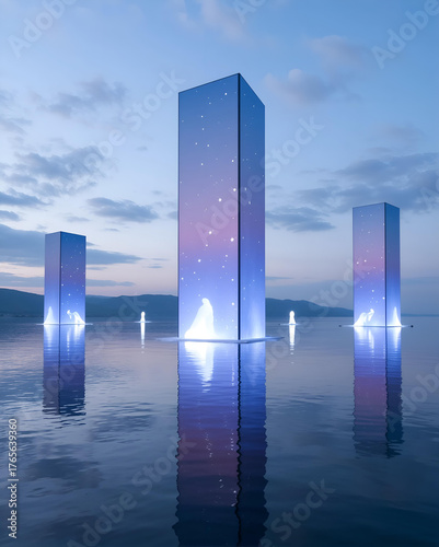 Wallpaper Mural Envision a minimalistic landscape where colossal geometric shapes rise from an endless silver lake, reflecting a surreal twilight sky. Each shape pulsates with an ethereal glow, casting abstract shado Torontodigital.ca