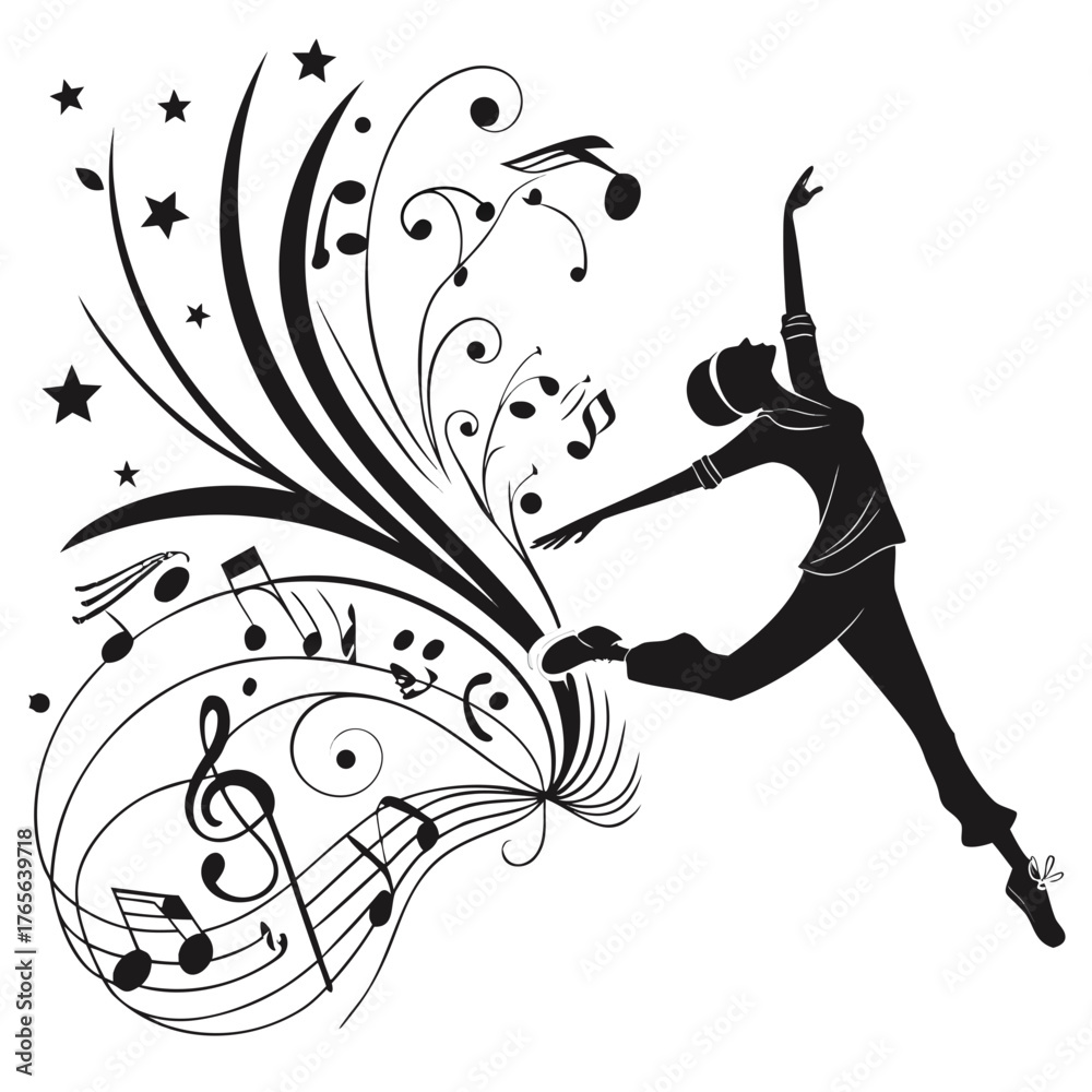 Fototapeta premium Dancing silhouette radiating energy with music notes and stars in dynamic motion