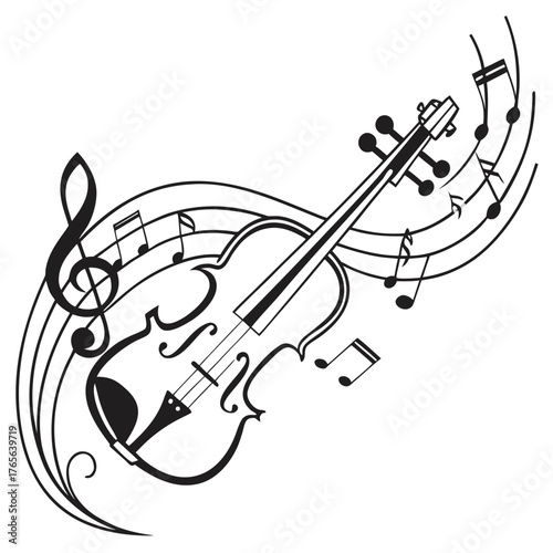 Elegant violin and musical notes in flowing design, classic style illustration
