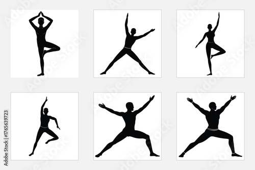 Warrior pose, triangle pose, cow pose yoga exercise silhouette vector art illustration
