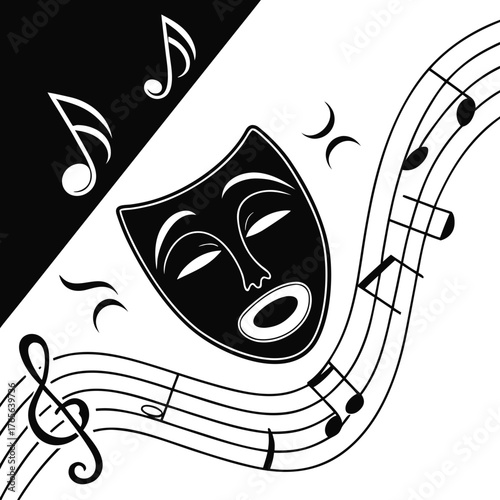 Striking monochrome design featuring musical notes and theatrical mask art
