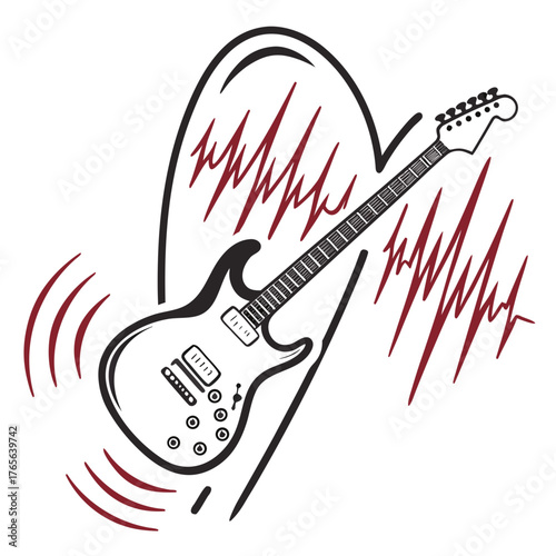 Electric guitar with energetic sound waves radiates musical vibe, a vector art