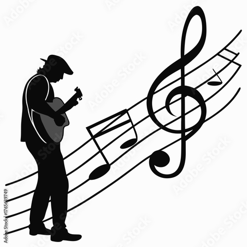 Acoustic guitar performer silhouette against music notes illustration art