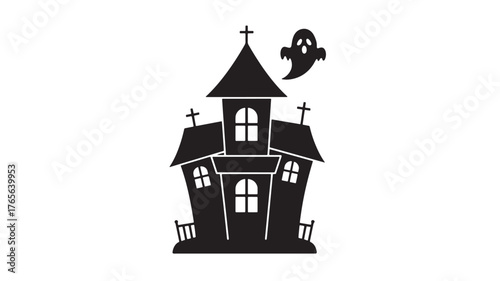 Spooky haunted house silhouette with ghost vector illustration for Halloween designs
