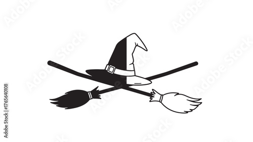 Witch hat and crossed brooms black and white vector illustration for Halloween design isol