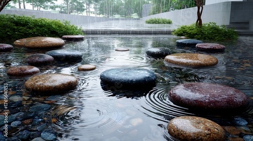 Gentle rain over zen garden with smooth wet stones and rippling water, tranquil minimalist scene for relaxation, mindfulness, spa, and meditation background design inspiration.