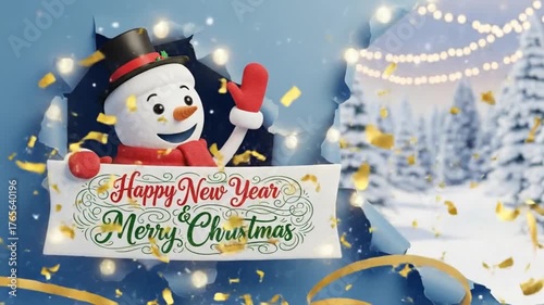 A cheerful snowman peeking through torn paper, holding a happy new year merry christmas sign, with a snowy forest and festive lights in the background
