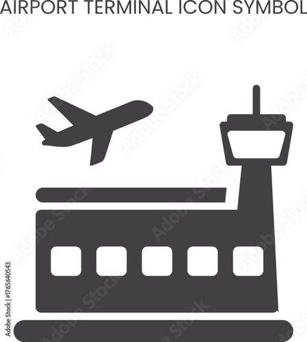 Flat airport terminal icon with a Plane and Control Tower. simple silhouette of airplane, control tower, and building, symbol for aviation, travel, flight, transportation, and air transport services
