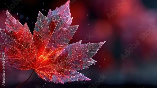 Digital red maple leaf with glowing data connections on dark background