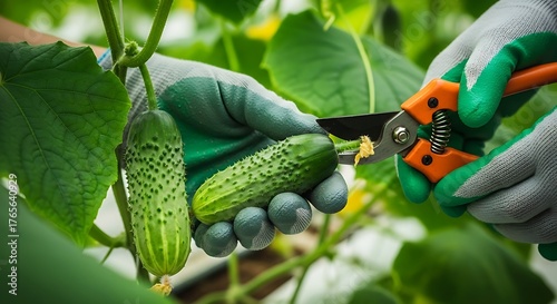 Gardener pruning cucumber plant with garden pruner in greenhouse, closeup view