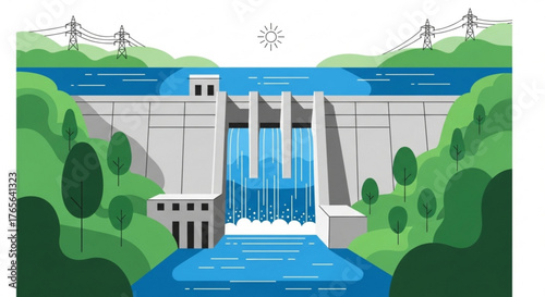 Illustration of a hydroelectric dam with water flowing and power lines in the background scene view created with generated ai