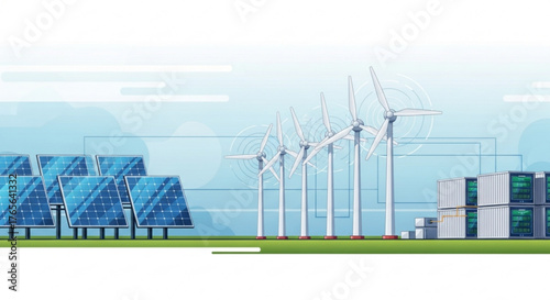 Illustration of a solar panel array next to wind turbines and storage containers on green grass created with generated ai