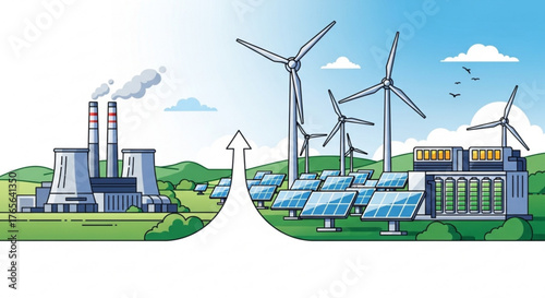 Transition from fossil fuel power plant to renewable energy with solar panels and wind turbines shown created with generated ai