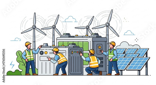 Illustration of workers maintaining wind turbines and solar panels at a power generation facility created with generated ai