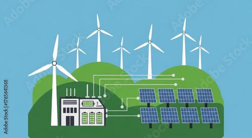 Illustration of wind turbines and solar panels with a building and battery storage system for energy created with generated ai