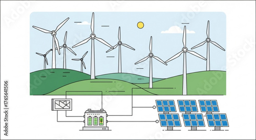 Wind turbines and solar panels generating renewable energy in a green field under a sunny sky view illustration created with generated ai