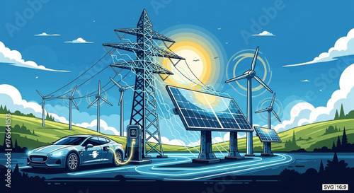 Illustration of electric car charging with solar panels and wind turbines generating power in nature scene created with generated ai