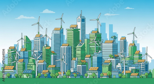 Illustration of a sustainable city with wind turbines and solar panels on buildings and green trees around it created with generated ai