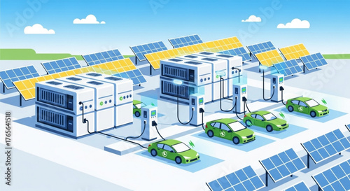 Solar panel array powering electric vehicle charging stations with battery storage system on a sunny day created with generated ai