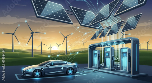 Electric car charging at station powered by solar panels and wind turbines in a green landscape created with generated ai