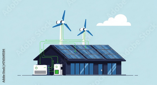Illustration of a house with solar panels and wind turbines generating renewable energy together setup created with generated ai