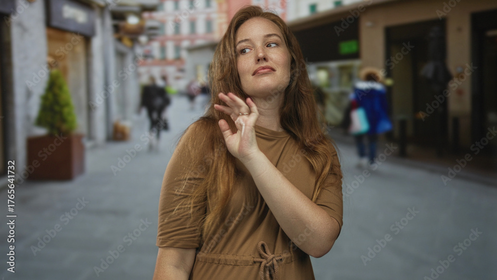 Φωτογραφία Woman brushes red hair aside on street wearing brown dress under warm sunlight with visible freckles and gazes upward; confidence
